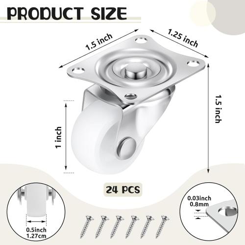 Maitys 24 Pcs 1 Swivel Profile Casters Wheels for Furniture, Small Swivel PP Caster with No Noise 360 Degree, Total 66 Lbs Weighs Capacity for Furniture Appliances, Screws Included(White)