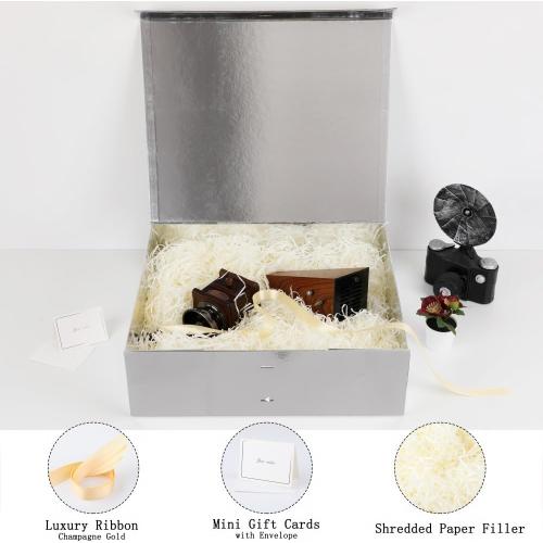 Skivra Large Silver Gift Box with Ribbon - Extra Large Collapsible Luxury Gift Box for Wedding Dress - 19x16x6 Inch - Magnetic Closure - Rectangle - Crinkle Cut Paper Shred with Card
