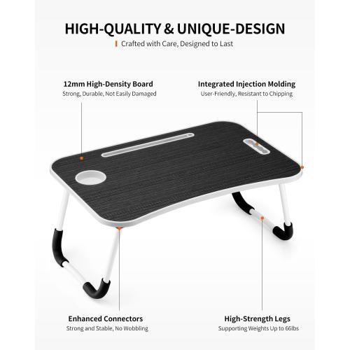 FISYOD Foldable Laptop Table, Portable Lap Desk Bed Table Tray, Laptop Stand with Cup Holder & Tablet Slot & Lifting Handle for Working Writing Drawing & Eating (Black)