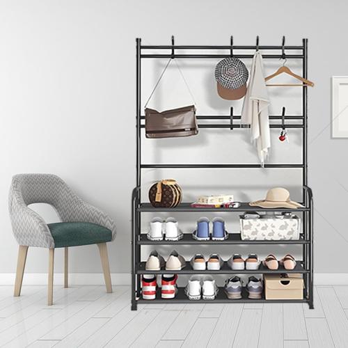 Black H: 61 4 Tier Shoe Rack Coat Rack Shoe Shelf Freestanding with 8 Hooks for Front Door Entryway Bedroom Closet, Black