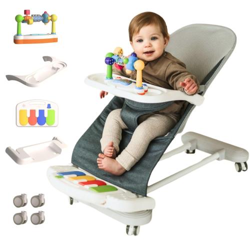 CuddoBaby Baby Bouncer 4-in-1 on Wheels, Detachable Pianos, Feeding Tray, 3-Level Recline Foldable Seat with Play Bar for Infant to Toddler 0-6, 0-12, 12-24 Months, Boy Gift Idea - Blue