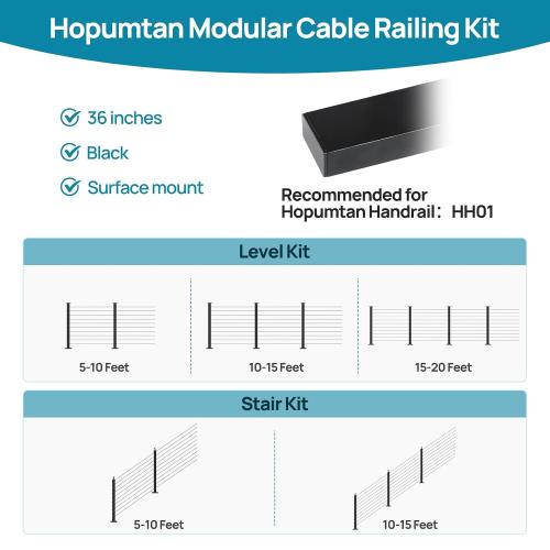 Size 36 Complete Set 10-15FT Stair Cable Railing System Black Stainless Steel Stair Railing Post Kit with Adjustable Top for 25-35 Degrees No Handrail for Indoor Outdoor Deck Stairway DIY HU02