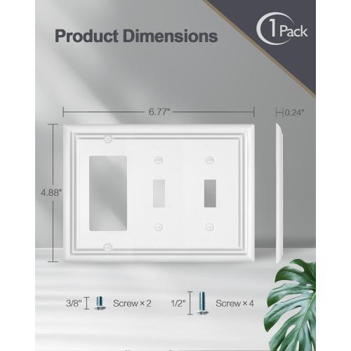 Metal Wall Plates, Decorative Switch Plates and Outlet Covers (Pure White/2 Toggle/1 Decorator 1 Pack)