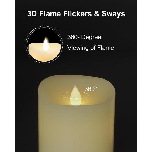 LOGUIDE Flickering Flameless Candles with Remote Timer, Realistic 3D Moving Flame with Real Wax Pillar LED Candles,Lasting 500 Hours Battery Operated Candles for Wedding Decoration, Christmas,3 Pack