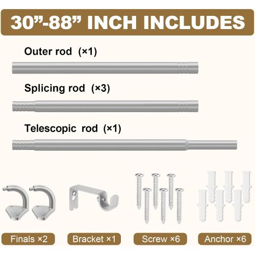 Silver Curtain Rods for Windows 48 to 84 inch, 5/8 inch Adjustable Wrap Around Blackout Curtain Rods for Bedroom & Outdoor