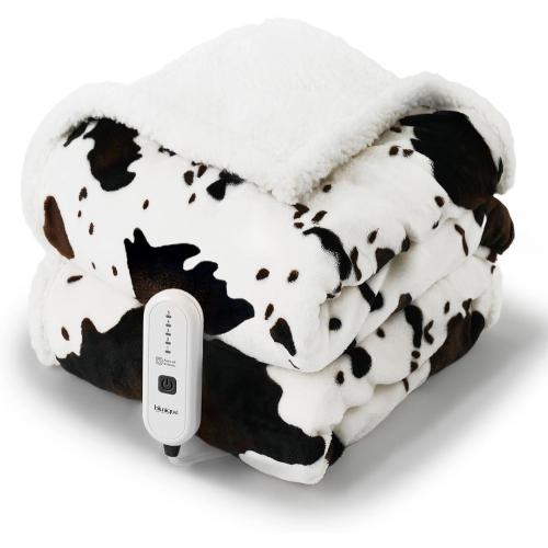 Cow Print Heated Throw Blanket Electric Blanket-Heating Blanket Throw with 5 Heat Levels & 4 Hours Auto-Off, Cozy Soft Fleece Sherpa, Washable, 50 x 60 Inches