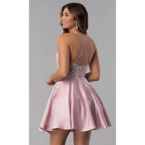Size 17W Color Grey Satin Lace-Applique Homecoming Dresses Short with Pockets Halter Cocktail Dresses