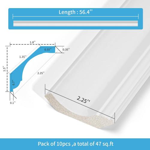 Art3d 10-Pack 47Ft White Ceiling Crown Molding Trim, High Impact Polystyrene Decorative Ceiling Moulding, Installed with Glue