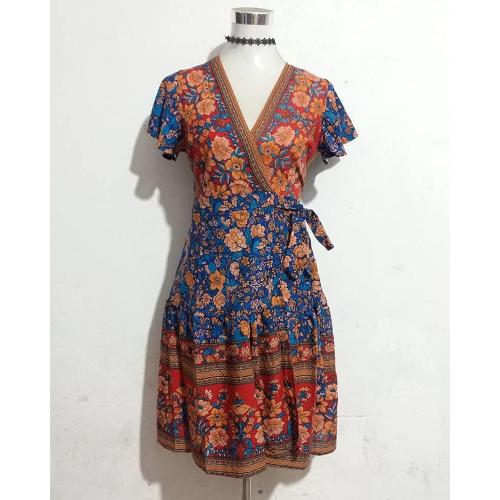 KoHaL'..Size M...Women's Mini Boho Floral Dress Deep V-Neck Wrap Summer Dress Tie Waist Swing Flowy Beach Dress Bohemian Sundress