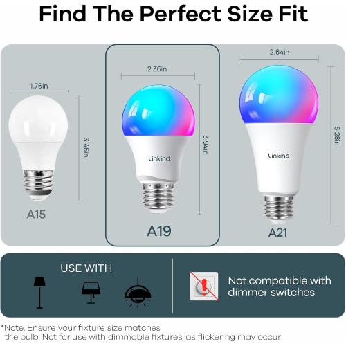 Linkind Smart Light Bulbs, Smart Bulb That Work with Alexa & Google Home, LED Light Color Changing, A19 E26 WiFi Light Bulb Dimmable, RGBTW Alexa Bulb No Hub Needed 800 Lumen, 2.4Ghz WiFi, 6 Pack