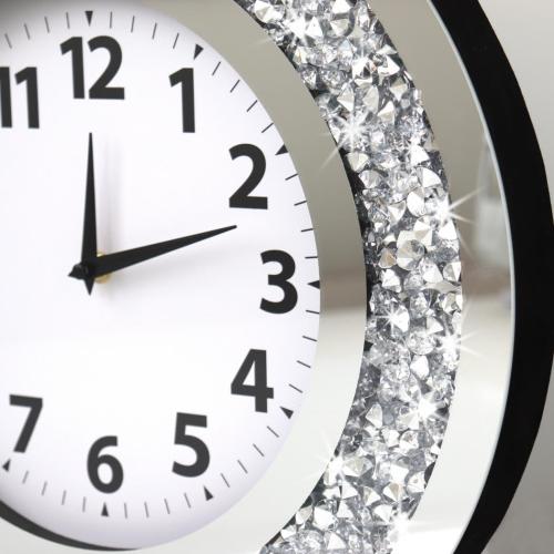 Size 16x16x12  Crystal Crushed Diamond Mirrored Round Wall Clock 16x16x2 inches for Wall Decoration Silver Glass Mirror Clock Sparkle Twinkle Bling Home Decor. AA Battery is not Included.