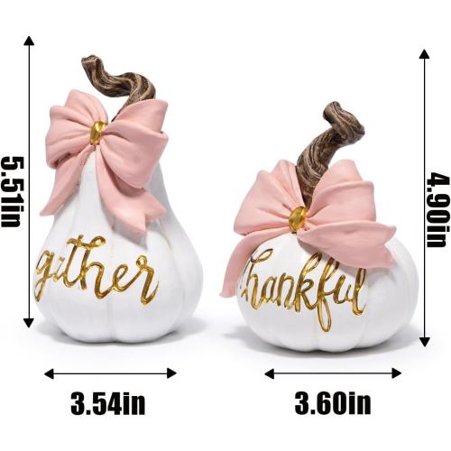 Hodao Thanksgiving White Pumpkin Decorations – Hand-Painted Resin Figurine Set with Pink Bow, Fall Harvest Autumn Ornaments, Gift for Mantel, Dining Table, Tiered Tray, Seasonal Home Décor