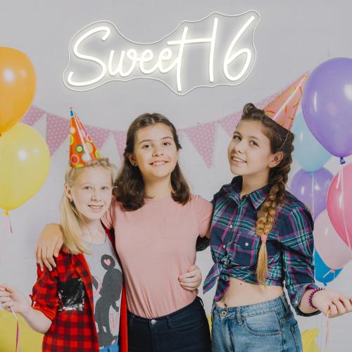 16.8 Inch Sweet 16 Neon Sign, USB Powered with Dimmer Switch 16th Birthday Party Sign, Sweet Sixteen Party Supplies, Happy 16th Birthday Decorations for Girls (Warm white)