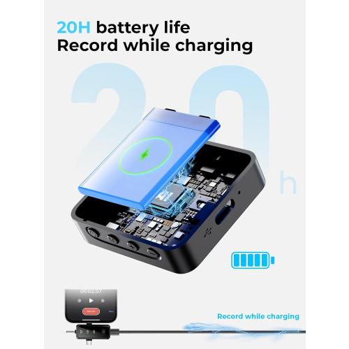 3-in-1 Mini Microphone for iPhone: Wireless Lavalier Microphone with 80ft Range & 15H Battery - Noise Reduction Lapel Mic, Real-Time Monitoring for Video Recording, Vlog,Light Black