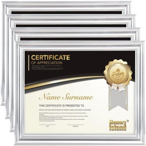 Memory Island 8.5x11 Diploma Document Frames,Real Glass Fronts, 4 Pack Silver Certificate Frames for Wall Or Tabletop Display,Diploma Frames For Degree Award