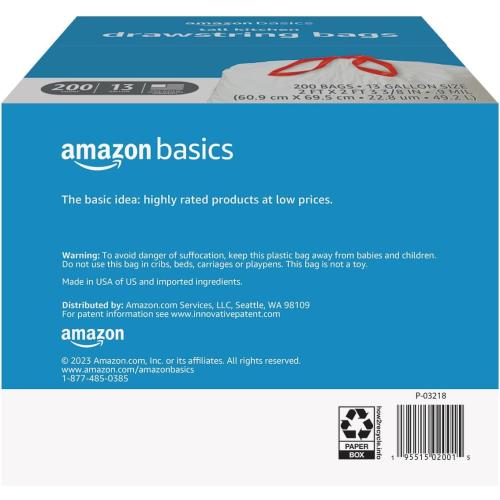 Amazon Basics Trash Bags, Tall Kitchen Drawstring, Unscented, 13 Gallon, 200 Count, Pack of 1
