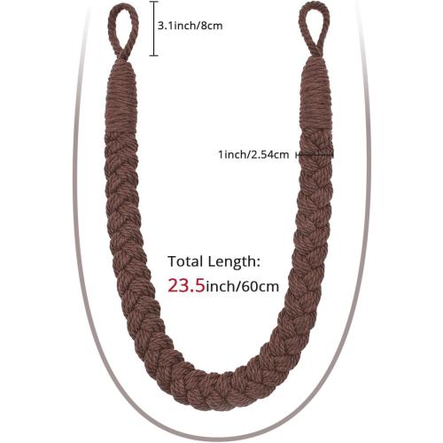 NICEEC 2 Pack Natural Cotton Rope Curtain Tiebacks Elegant Boho Style Decorative Drape Tie Backs Soft Hand-Woven Rope Curtain Holdbacks with Metal Hook for Home & Office Drapery (Coffee)