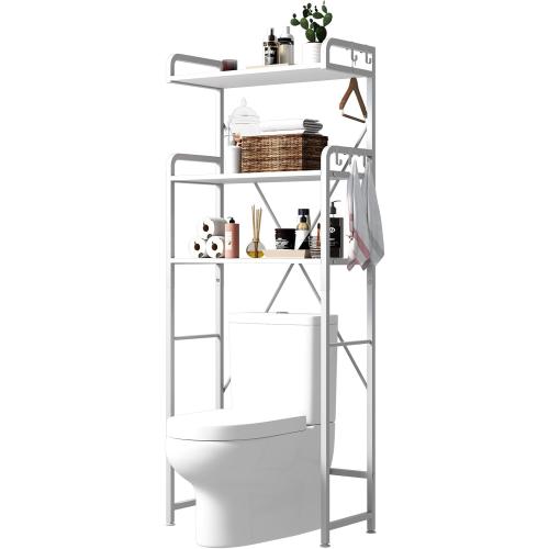 Huhote Over The Toilet Storage Rack with 3-Tier Bathroom Shelves, Space Saver Toilet Shelf, Bathroom Storage Organizer with Hooks for Over Toilet Storage and Shelf (White)