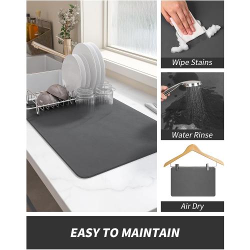 AMOAMI Dish Drying Mat for Kitchen Counter-Coffee Mat Bar Accessories, Hide Stain, Rubber Backed, Absorbent, Fit Under Coffee Maker, Espresso Machine, Pot, Dish Rack, 12x19, Dark Grey