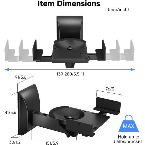 suptek Speaker Wall Mounts, Dual Speaker Stands for Surround Sound Speakers, Universal Bracket, Tilt Swivel Shelves Up to 55lbs Black (2 Pack)