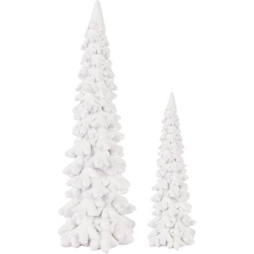 Juegoal Christmas Tree Table Decorations Set of 2, 9.5 White Glittered Xmas Pine Trees, Winter Snow Ornaments Tabletop Resin Trees Dinner Holiday Party Supplies Winter Mantle Shelf Centerpieces Decor