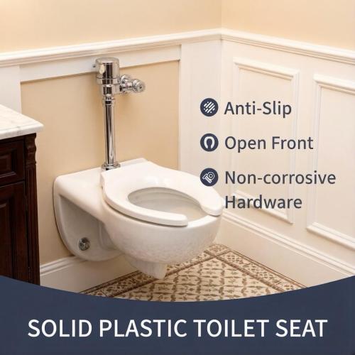 Commercial Open Front Toilet Seat Elongated, Heavy Duty Public Restroom Toilet Seat, Durable PP Plastic, Easy Install Replacement for School, Hospital, Hotel & Church, White