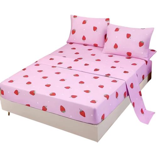 SDY 4PCS Strawberry Bedding Sheets,Queen Size Red and Pink Strawberry Print Sheet Set with 1 Kawaii Top Flat Sheet   1 Deep Pocket Fitted Sheet   2 Pillowcases for Teen Girls