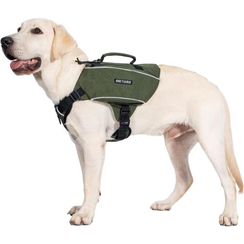OneTigris Y-Shaped Dog Backpack with Handle, Pockets & No Pull D-Rings, Lightweight Hiking Gear for Dogs Hunting Camping Travel (Large, Green)