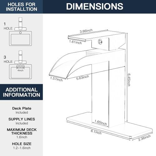 Matte Black Waterfall Bathroom Faucet 1 Hole or 3 Hole, Single Handle Rv Bathroom Sink Faucet with Pop Up Drain, Bathroom Vanity Faucet with cUPC Supply Hose and Deck Plate