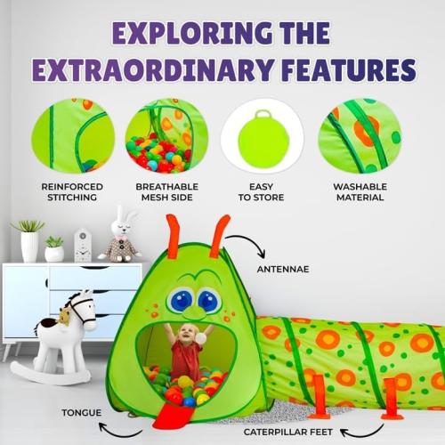 Kiddey Caterpillar Kids Play Tunnel & Tent – Toddler Crawl Tunnel   Play Tent, Pop-Up Indoor/Outdoor Ball Pit Playset (Balls Not Included), Folds Flat for Storage