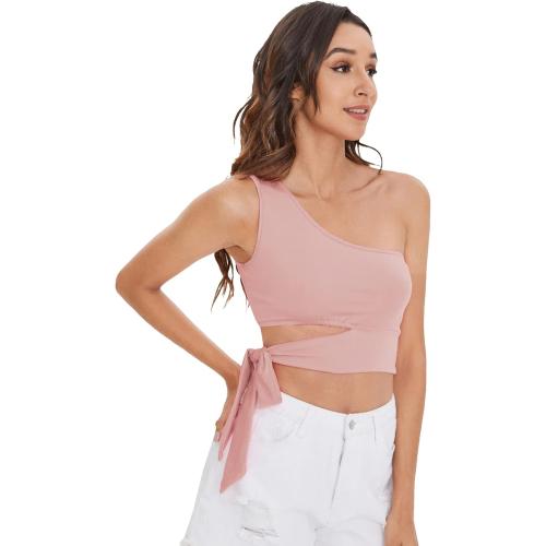 Size M Verdusa Women's One Shoulder Tie Knot Side Sleeveless Solid Tank Crop Top Pink Solid