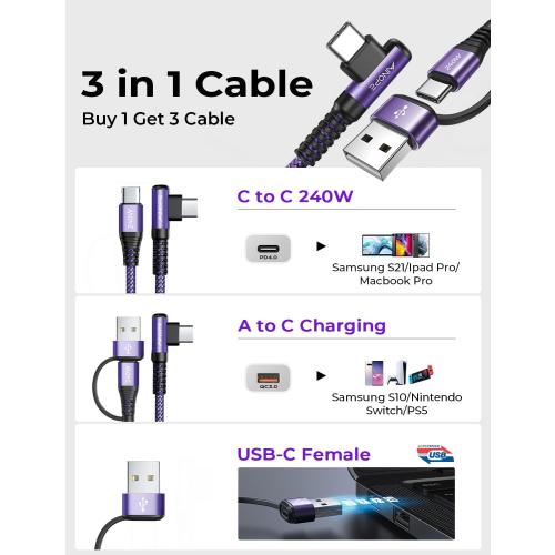 AINOPE 240W Long USB C Cable Multi 4 in 1 Charging Cable Fast Charging C Type Charger Fast Charge USB to USB C,Right Angle Fit iPhone 16 15 Pro Max iPad Samsung 10FT Purple