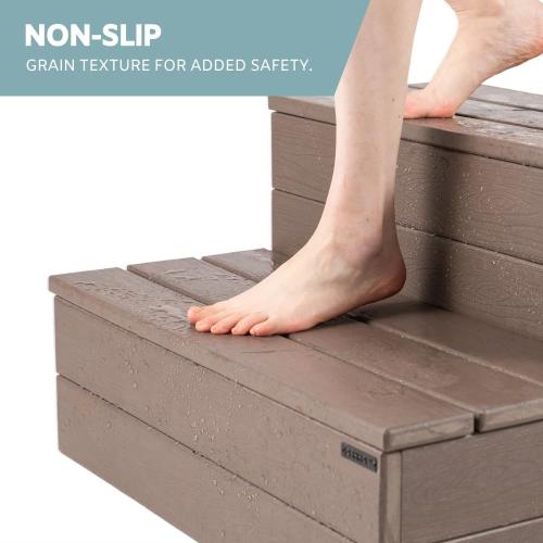 Hot Tub Steps - Wood Looking Plastic - 100% Waterproof - Brown Non Slip, Heavy Duty, Multi Use as Porch Steps, Hot Tub Stairs, Outdoor Stairs, Fits Any Spa Size