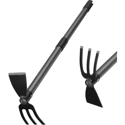 Hoe and Cultivator Gardening Hand Tools, Heavy Duty Stainless Steel Garden Hoe and 3 Fork Hand Tiller for Gardening Weeding Planting with Adjustable Handle 45 inch