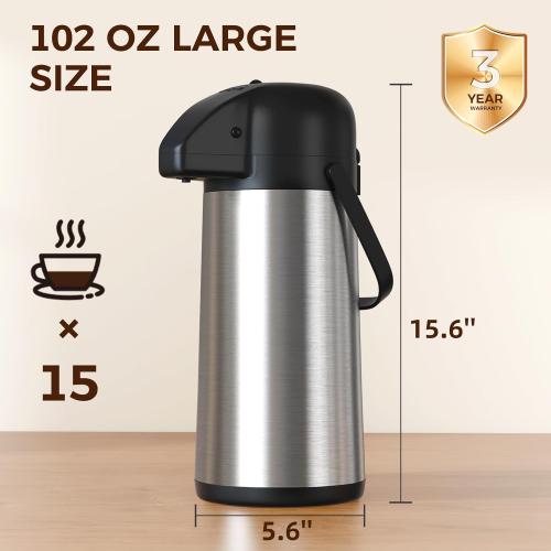 Coffee Carafe for Keeping Hot - 102OZ / 3L Airpot Coffee Dispenser with Pump - Large Coffee Thermos for Hot Drinks Tea Liquid - Insulated Stainless Steel Hot Water Beverage Dispenser Urn for Parties
