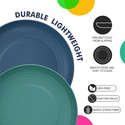 Homienly Set of 8  Size 10 inch Wheat Straw Dinner Plates Set of 8 - Alternative to Plastic, Microwave & Dishwasher Safe, Unbreakable Kids Plates with 4 Colors (Classic Bright)
