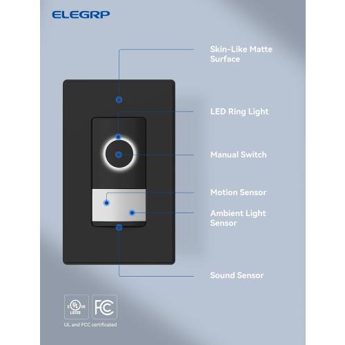 ELEGRP Smart Motion Sensor Switch, 2.4GHz Wi-Fi Single Pole Light Switch Works with Alexa & Google Assistant, APP Remote Control, Neutral Wire Required, UL Certified, No Hub Required (Black, 1 Pack)