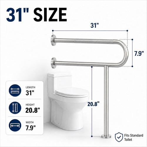Toilet Grab Bar with Leg, Floor Mounted Knurled Safety Rail, Heavy Duty Brushed Nickel Stainless Steel Support Handle, Bathroom Stand Assist, Non-Slip Mobility Aid for Elderly, Disabled, 31 Inch