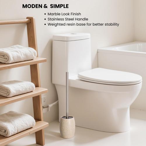 Toilet Bowl Brush and Holder with Stainless Steel Long Handle, Toilet Scrubber Brush with Durable Base, 360° Deep Cleaning Bristles for Bathroom, Compact Set for Small Space (Beige)