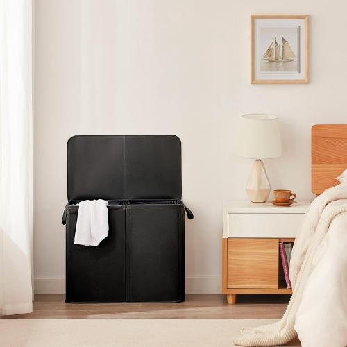 Lifewit Double Laundry Hamper with Lid and Removable Laundry Bags, Large Collapsible 2 Dividers Dirty Clothes Basket with Handles for Bedroom Laundry Room Closet Bathroom College, gray