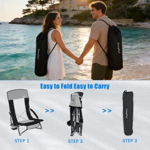 ‼️could have mild stains ‼️SUNNYFEEL Folding Beach Chair, High Back Beach Chairs for Adults, Lightweight Portable Camp Chair 300lbs Heavy Duty with Carry Bag, Cup Holder for Outdoor Travel Picnic Concert, 2 Pack, Black