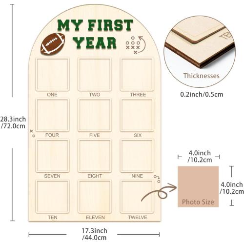 Partico My First Year Photo Board - Baby's First Year Photo Frame 12 Months Milestone Board Football Photo Display Wood Board 1st Birthday Picture Frame Decorations (fits 4 x 4 photo)