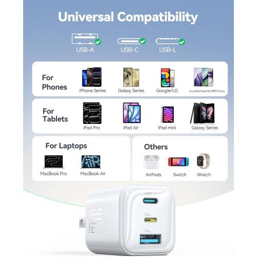 JOYROOM iPhone Charger Fast Charging, 3 Port 30W GaN USB C Charger Block, Portable Compact Type C Charging Block with Foldable Plug for iPhone17/16/15/14/13/12 Series, iPad, Galaxy and More