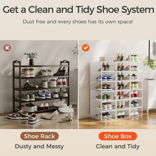 Pinkpum 15 Pack X-Large Shoe Storage Boxes Fit US Size 11, Shoe Organizer for Closet Clear Plastic Stackable Shoe Dispaly Case Holder Bins, Sneaker Storage for Sneakerheads White for Home and Family