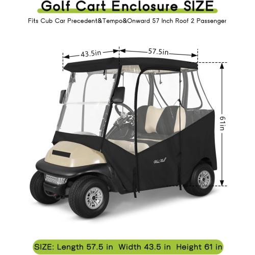 Golf Cart Enclosure 2 Passenger for Club Car Precedent Tempo Onward 2-Person Seaters 600D Waterproof Transparent Driving Rain Cover with 4-Sided Clear Windows Mirror Zipper Roll-Up Door Black