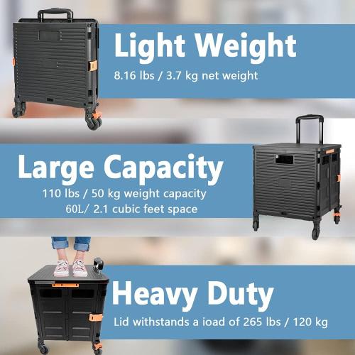 Utility Cart Folding Portable Rolling Crate Handcart with Lid Durable Heavy Duty Plastic Telescoping Handle Collapsible 360 Degree Rotate Wheels for Travel Shopping Moving Luggage Office Use,Black