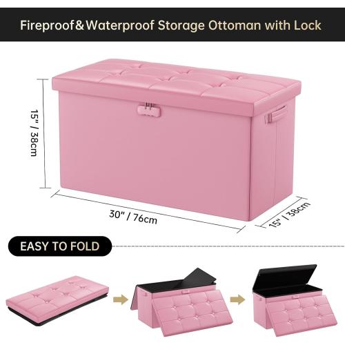 DocSafe Storage Ottoman Bench with Lock,Fireproof 30 Inches Folding Bench Foot Rest Stool Storage Chest Safe for Living Room,Bedroom,Home Office,Waterproof Leather Ottoman with Handles,Pink