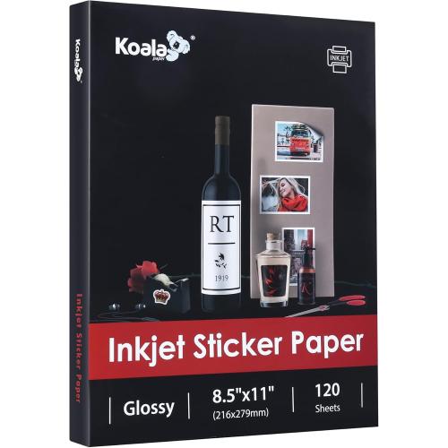 Koala Printable Glossy Sticker Paper for Inkjet Printer, 120 Sheets