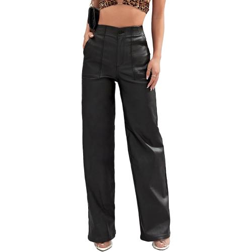 Size S Viligo Faux Leather Pants High Waist Coated PU Button Straight Leather Black Leggings Wide Leg Pants with Pockets