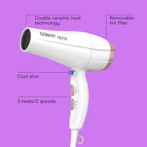 Conair Double Ceramic Hair Dryer, 1875W Blow Dryer with Diffuser and Concentrator, Ionic Conditioning, 3 Heat & 2 Speed Settings, Amazon Exclusive, White